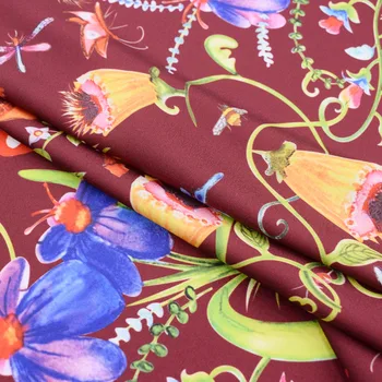 

Wine red wild mushrooms and poppies print crepe satin fabric for summer dress bazin riche getzner telas por metro tissu tissus