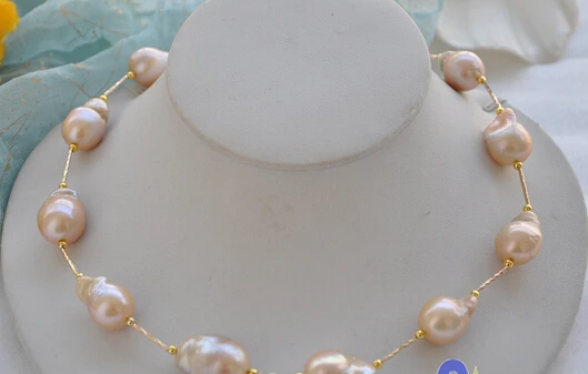 

Miss charm Jew1614 Huge 20"PINK baroque KESHI REBORN PEARL GOLDEN NECKLACE