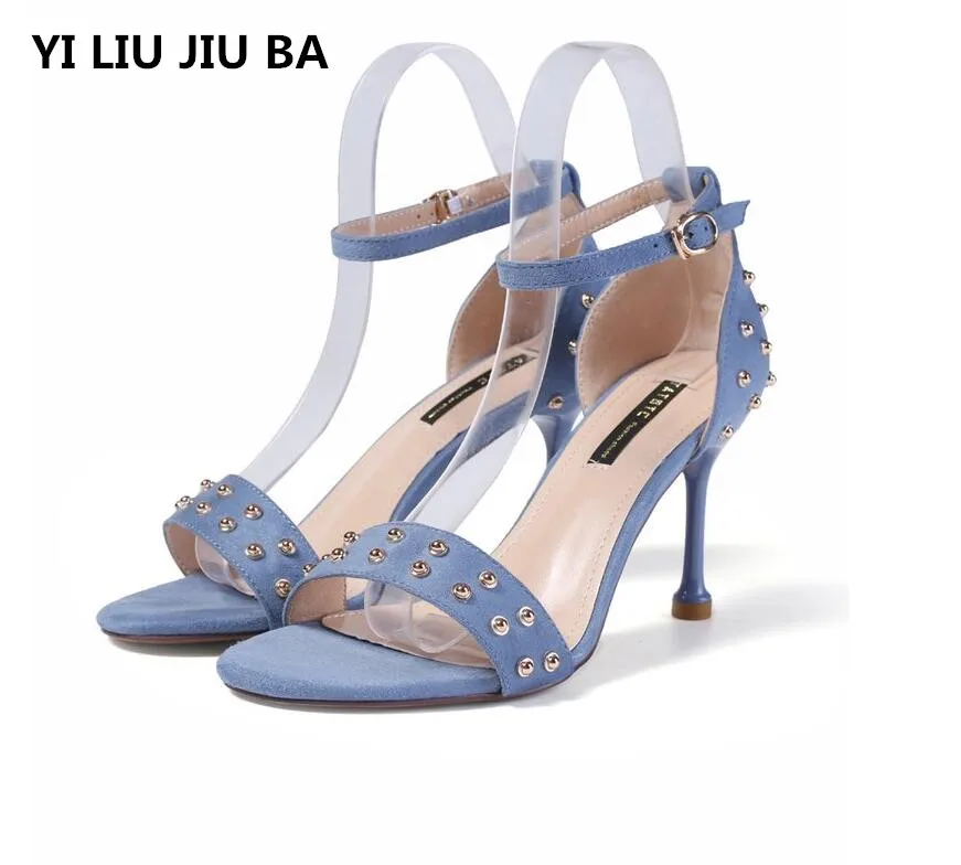 

high quality Women shoes Ankle buckle Sandals super high Heels Ladies Summer fashion rivet Sexy Party Wedding Shoes women **521