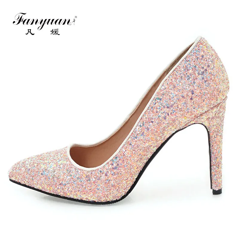 

Fanyuan Women Pumps Shoes Woman Sexy High Heels Glitter Wedding Heels Shoes Female white black pink party Shoes Stiletto 10 CM