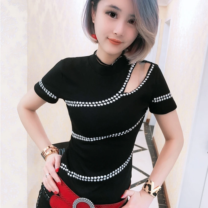 

Sexy Off Shoulder Diamonds Pullover Tshirt 2019 Spring Summer New Women Hollow Out Short Sleeve Top Stand Shirt Clothes T93604