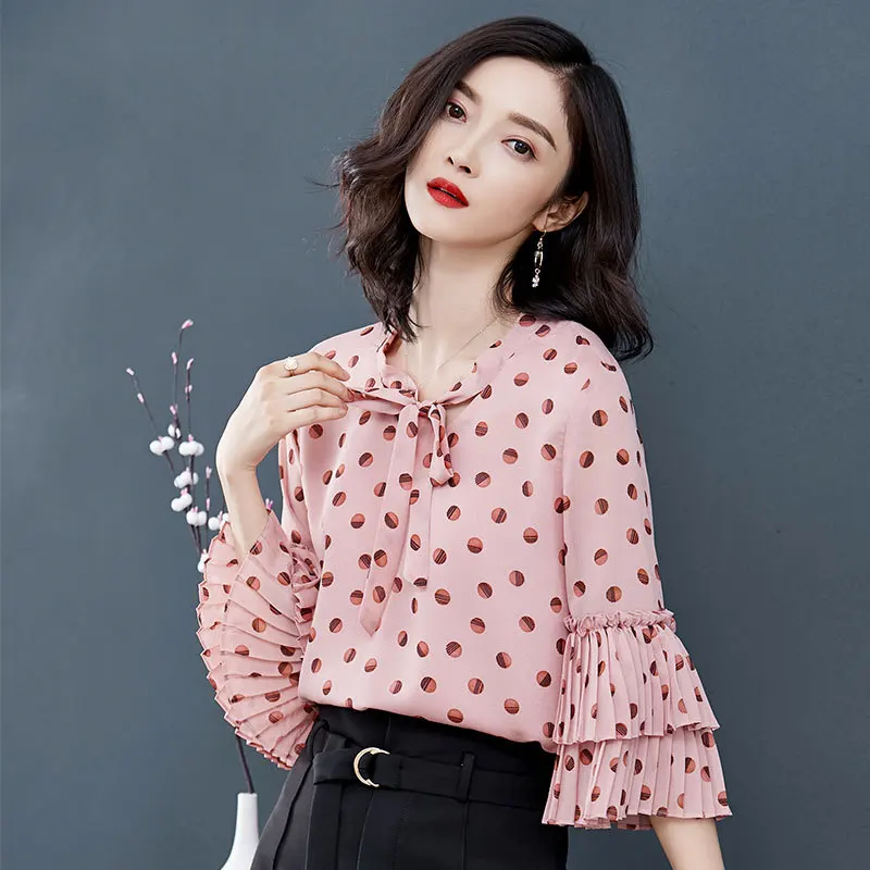 2018 Chiffon Double Layer Flare Pleated Sleeve Dot Blouse Shirt Autumn ...