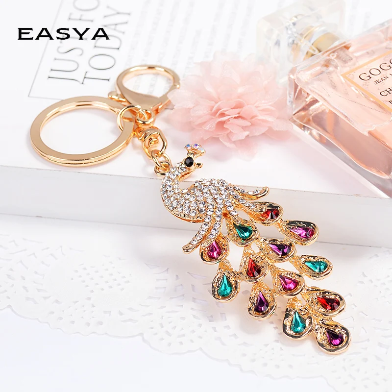

EASYA 3 Colors Sparkling Peacock Keychain Key Rings Fashion Women Bags Pendant Accessories Crystal Animal Key Holders Jewelry