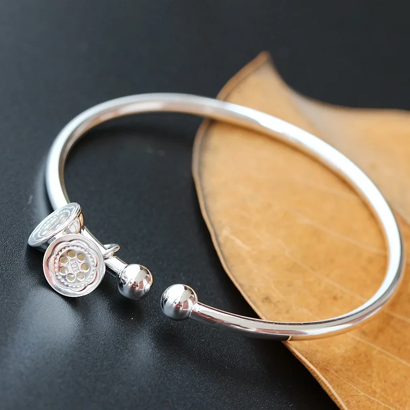 

Retro Thai Silver Jewelry Wholesale Handmade S925 Sterling Silver Open Ended Bangle Handmade Vintage Lotus Bell Bangle