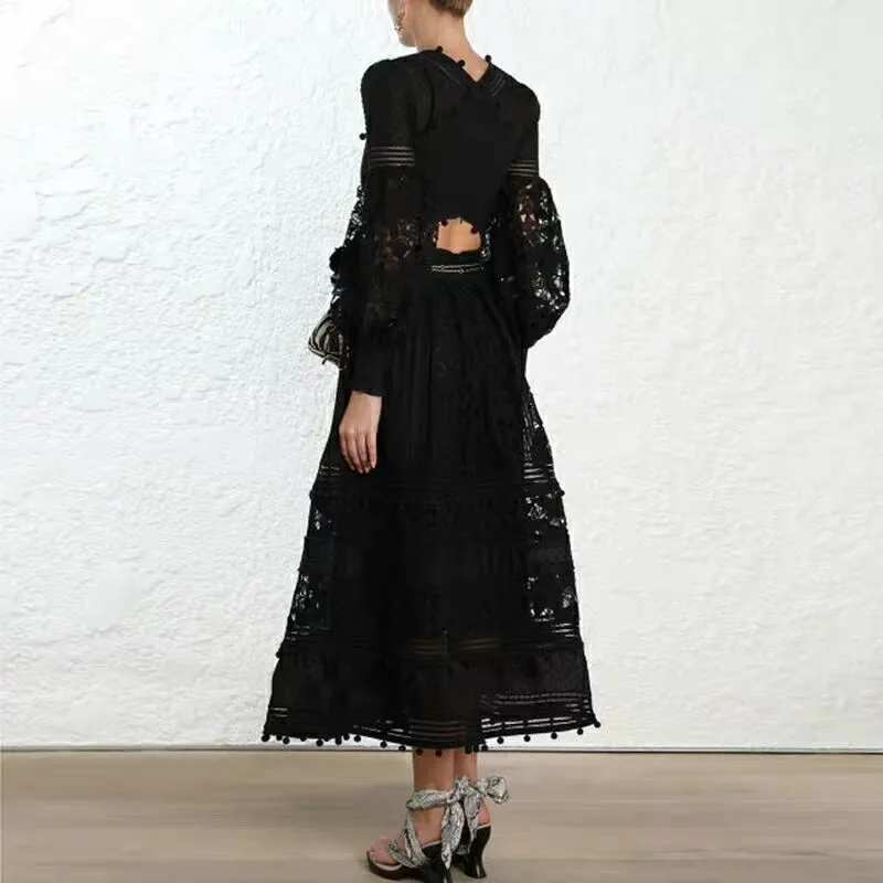 D'hiver Australie L'eau V Creux Pour Femme Black Lanterne Longues Dans cou Et Dentelle À Soluble Coutures Marque Robe Manches white Avec Automne Sexy Marée OIwxr0IqS