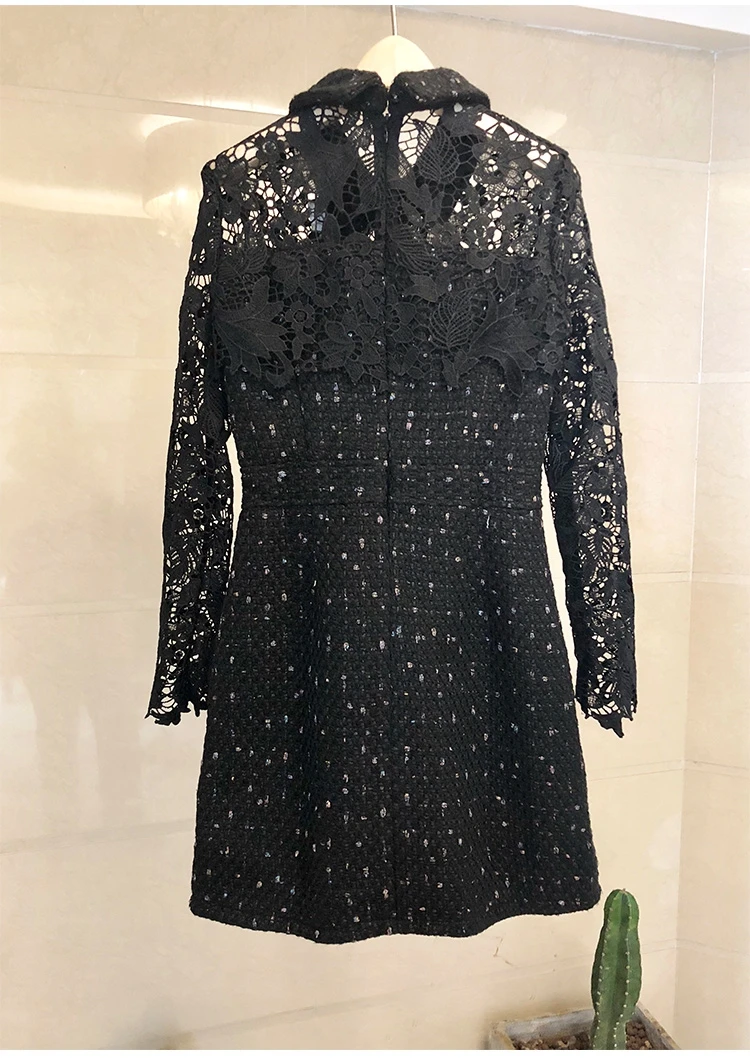 Высокое качество роскошные дизайнерские черные твидовое платье для женщин кружево лоскутное лук Алмаз мини платья для вечерин