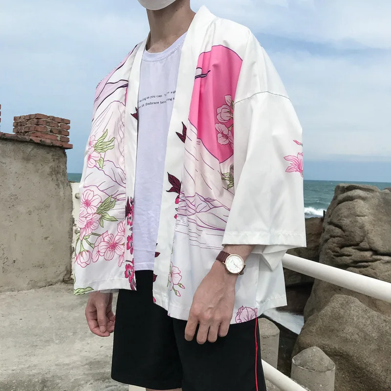 Солнцезащитная Японская уличная одежда кимоно куртка кардиган пальто для мужчин черный белый свободная ветровка тонкая хип-хоп куртка Мужская Ретро