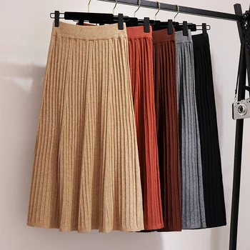

Plus Size XXL Vintage elegant Winter Women sweater skirt Elastic Waist Pleated Midi knitted Skirt A-line female thick Skirts