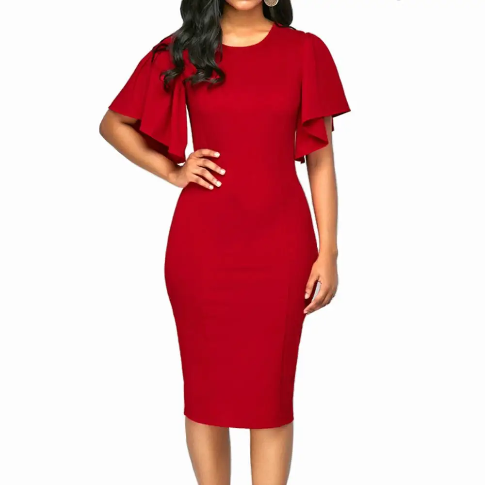 Женское ретро платье-карандаш с оборками и рукавами, офисное женское платье размера плюс 5XL, однотонное облегающее Повседневное платье для работы, бизнеса, вечеринок - Цвет: Красный