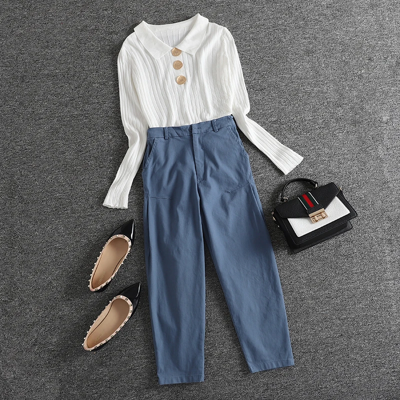 Casual Femmes Lâche Haute Pantalon Manches White Guuzyuviz Solides Pull Taille Longues Top Blue Et Set Mujer Coton blue Pièce 2 qwgtAB0