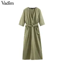 Женское элегантное платье vadim, однотонное платье макси с v-образным вырезом, эластичным поясом и разрезом, Женская офисная одежда, платья длиной до щиколотки QB671