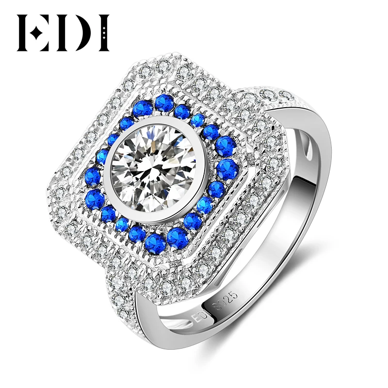 

EDI Women Luxury 14k 585 White Gold 14K Halo 6mm Round Cut Diamond Wedding Ring For Women Natural Sapphire Fine Jewelry