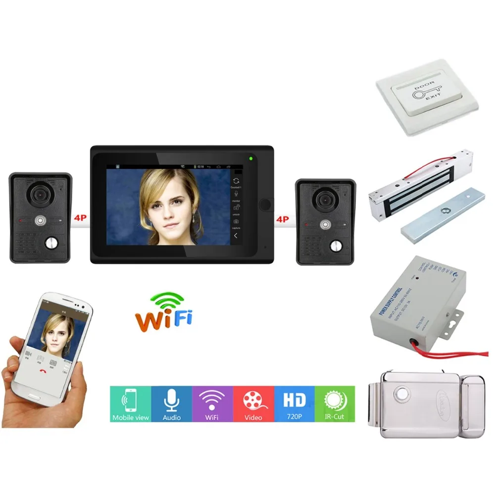 

Home set 2 x Camera 7" Wired / Wireless Wifi Video Door Phone Doorbell Intercom System,Support Remote APP+Electric Lock