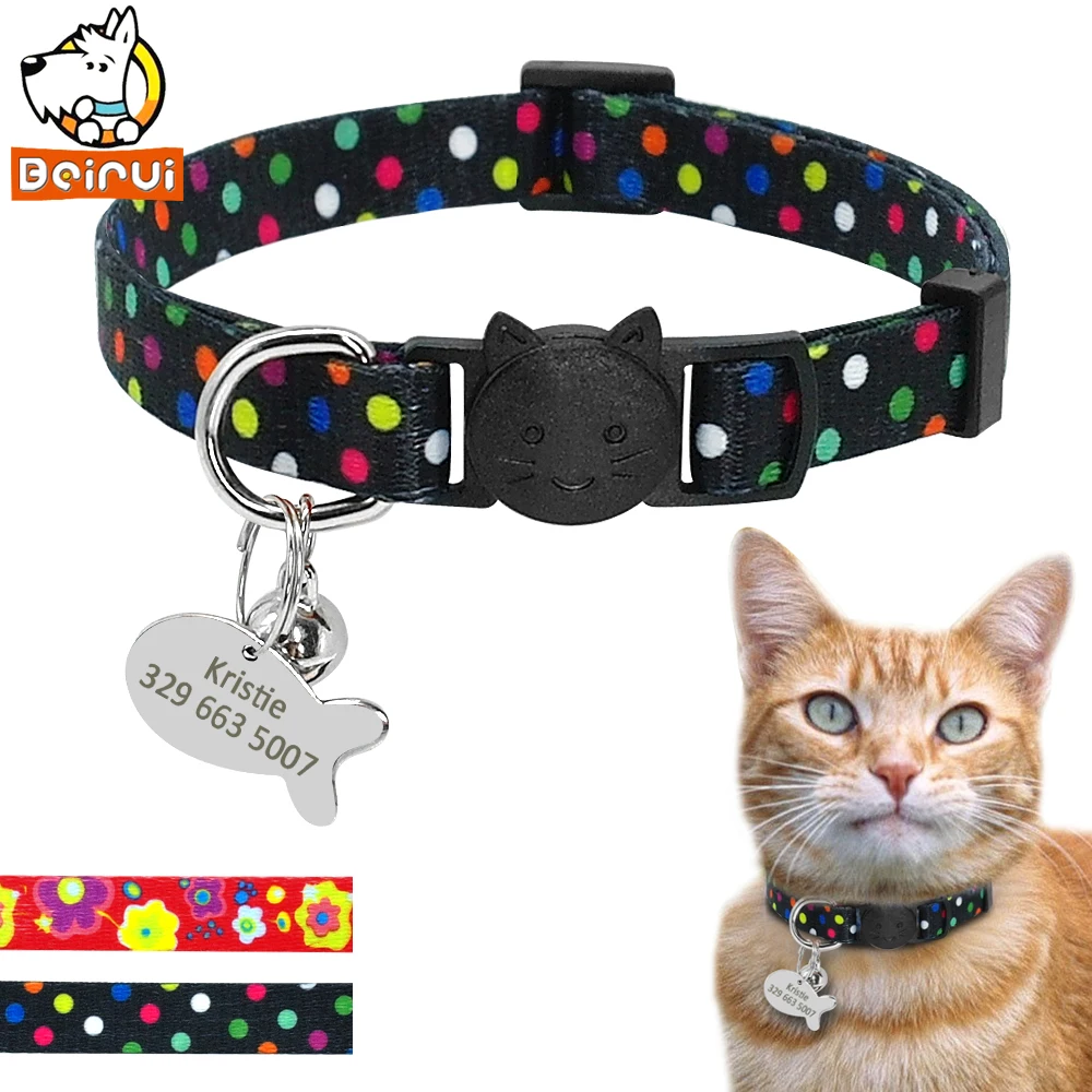 Nylon Print Cat Puppy Collar Tag Set Dog Kitten Collars with Personalized Engraved Fish Tags Bell For Small Pets Kitty Red Black