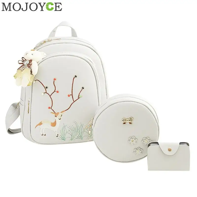 

3pcs/Set Deer Emboridery Mini Backpack Women Round Shoulder Bag PU Leather Backpack Female Girls Fashion Travel Daypacks Mochila
