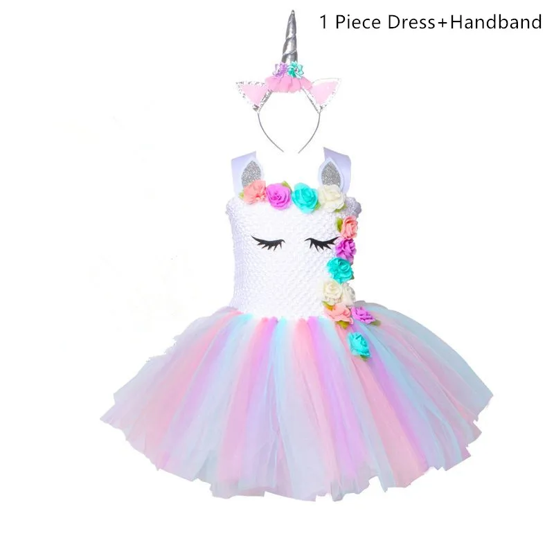 Dress and Headband Платье-пачка с единорогом для девочек; Детские Платья с цветочным принтом для девочек на День рождения; маскарадные платья для детей; костюм на Хэллоуин и Рождество - Цвет: Dress and Headband