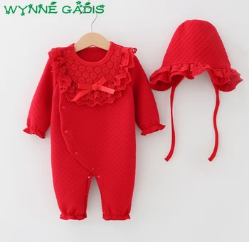 

Newborn Baby Girls Thick Cotton Long Sleeve Lace Princess Party Rompers Kids Infant Jumpsuits + Hat Christening Baptism Clothes