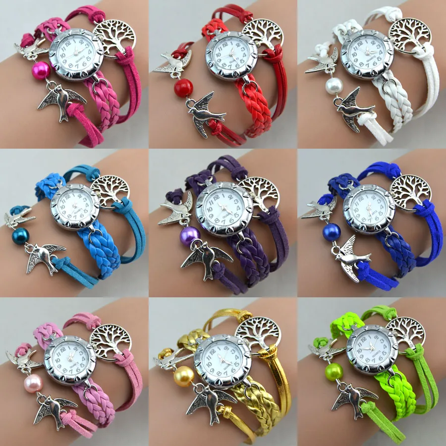Wholesale Fashion Suede Fabric Wrap Bird Tree Bead Pearl Bracelet Automatic Digital Laies Watch free shipping Wholesale Fashion Suede Fabric Wrap Bird Tree Bead Pearl Bracelet Automatic Digital Laies Watch free shipping
