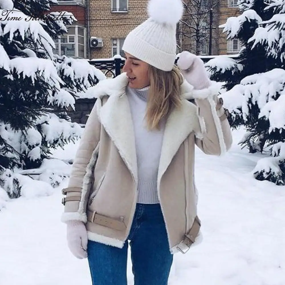 En Ligne Time Silhuette nouveau 2019 hiver daim cuir veste femmes court laine d agneau moto veste épaisse agneaux laine manteau chaud L241