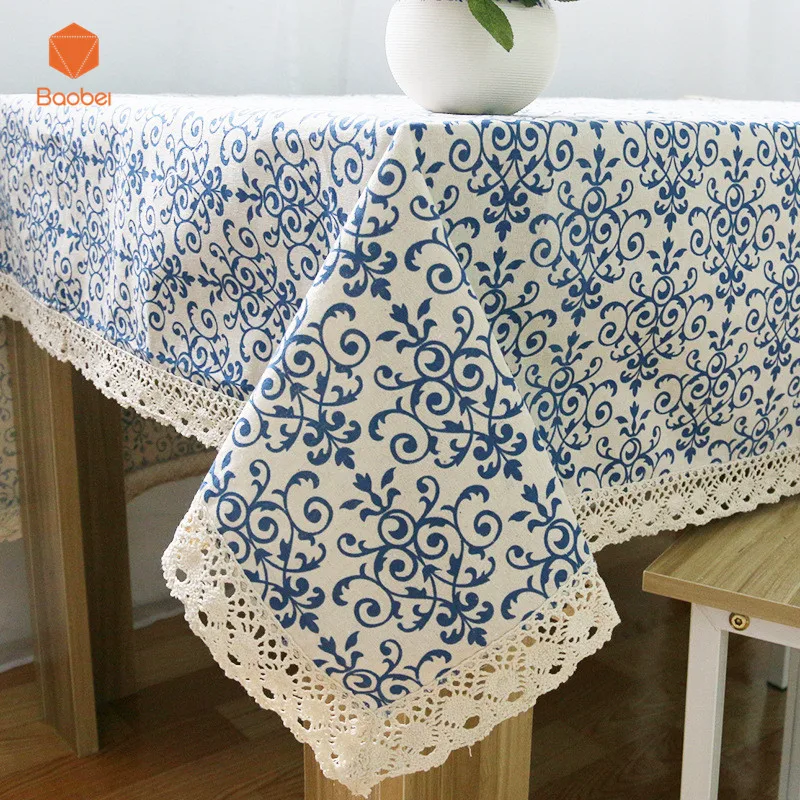 

Vintage Linen Cotton Tablecloth Washable Coffee Dinner Blue and White Porcelain Table Cloth for Christmas Wedding Banquet YN2