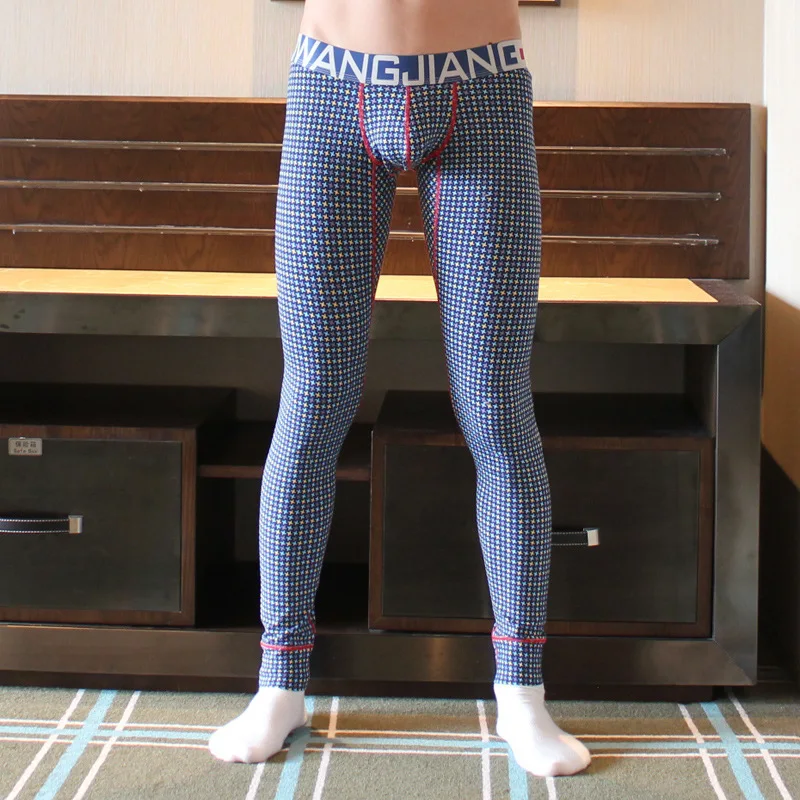 WJ Mens Warm Pants Slim Fit Folk Style Printing Thin Leggings Male Long Johns 5005CK