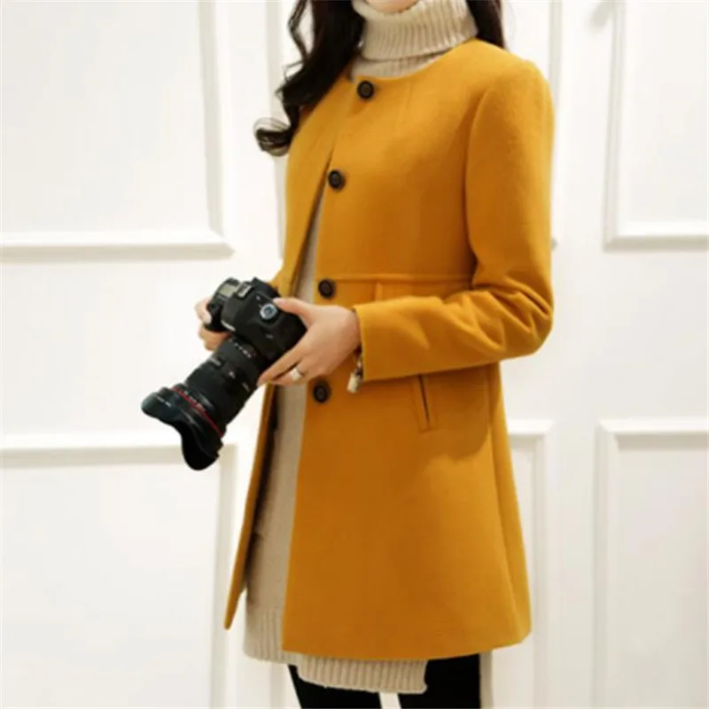Женская одежда осень-зима Корейская версия шерстяное пальто куртка 5XL средней длины круглый воротник однорядные пуговицы шерстяные