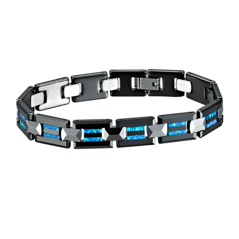 Luxury mens Love couple bracelets for women Blue Natural Opal Black Ceramic Silver Color Tungsten Carbide Jewelry  (2)