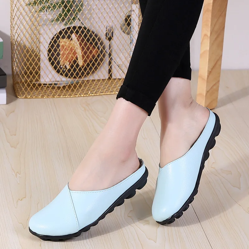 

retro genuine leather mules shoes women anti-skid platform slides female round toe flat heel grandma shoes big size 44 pantufa