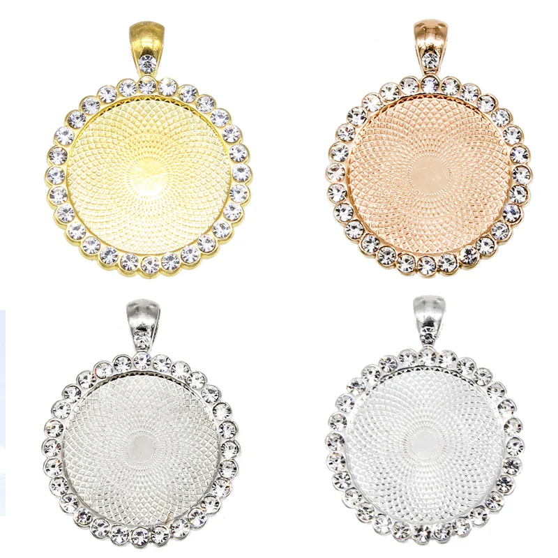 

3pcs 25mm Round inlaid CZ rhinestone Necklace Keychain Pendant Setting Cabochon Cameo Base Tray Bezel Blank DIY Jewelry Findings