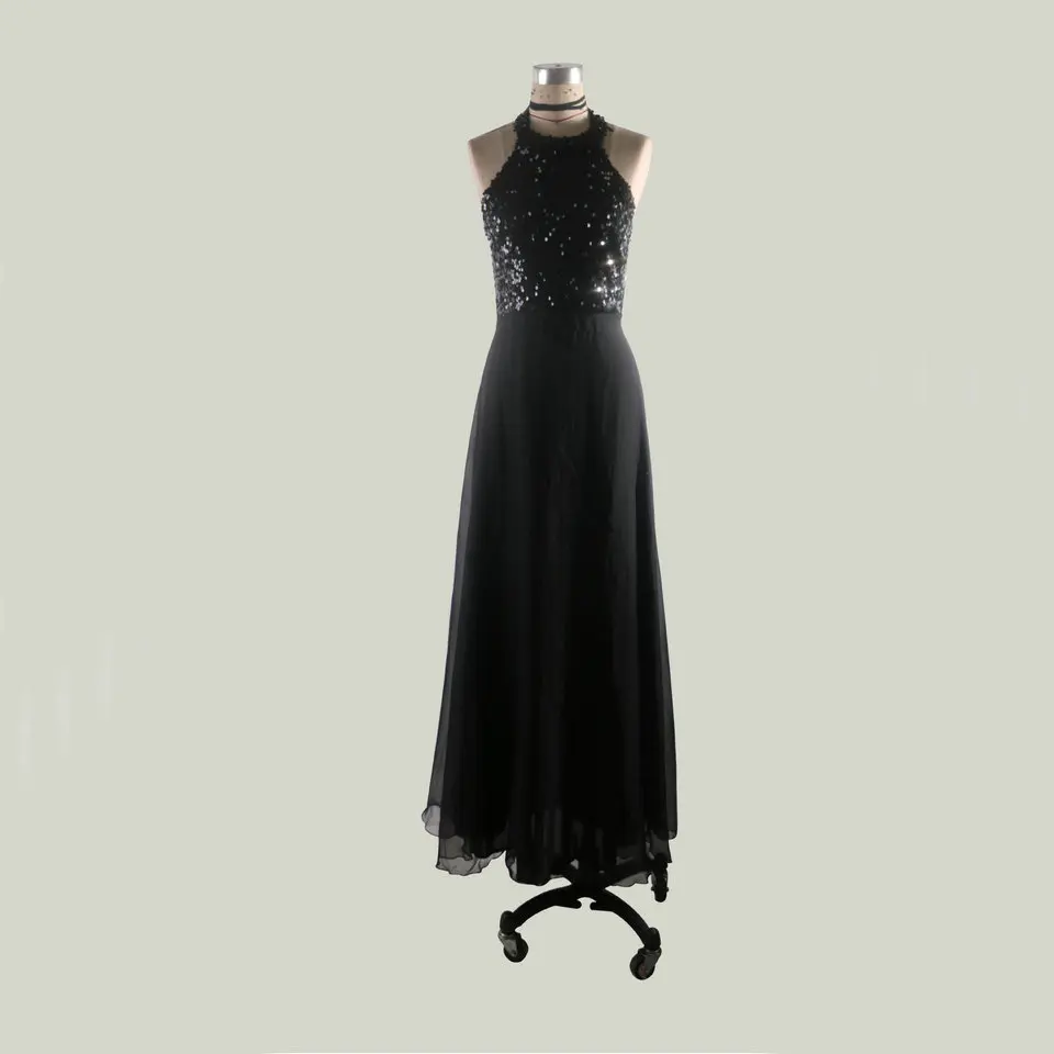 Популярные черные вечерние платья Длинные Culb Вечерние платья женские Холтер-шея шифон с блестками А-силуэт длина до пола вечернее платье