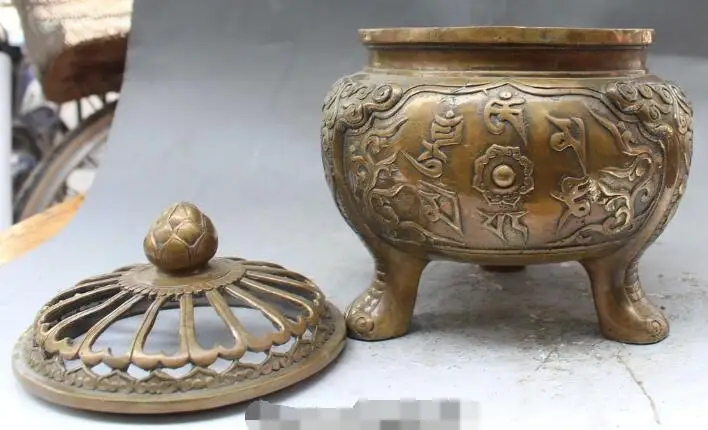 

S0883 9" Marked Tibet Bronze Tibetan Word Carve Lotus Incense Burner Censer Statue