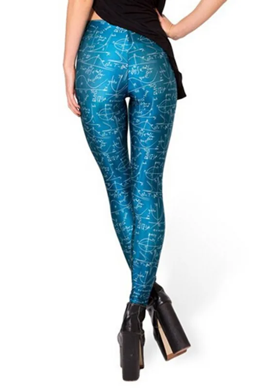 Дизайн синий математический стиль печати узкие леггинсы для фитнеса женщин Готический Творческий интерес сексуальные эластичные повседневные брюки BL-458