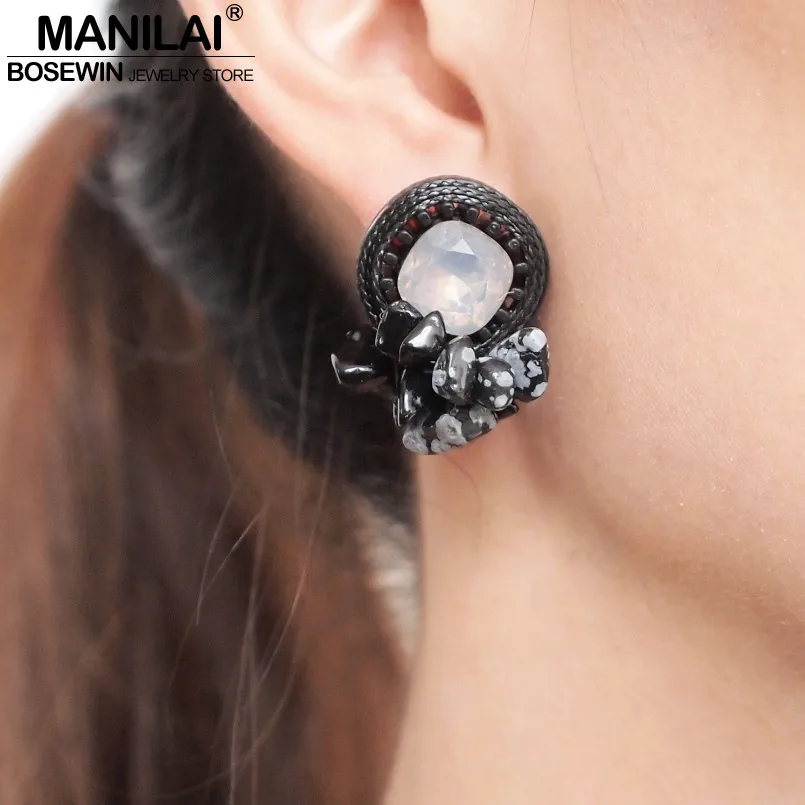 

MANILAI Trend Geometric Leather Stud Earrings For Women Fashion Jewelry Unique Big Crystal Earrings Accessories Wholesale