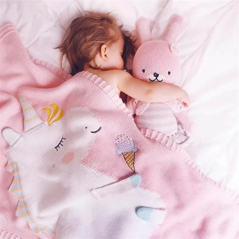 Baby Blanket Toddler Infant Newborn Knitted Blanket Pram Cot Bed Moses Basket Crib Cartoon Unicorn Nursery Sleeping Pillow