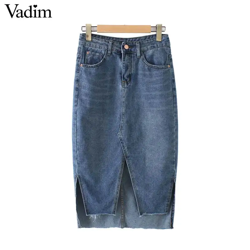 

Vadim women stylish fringe tassels denim skirt pockets split irregular faldas mujer female casual knee length skirts BA361