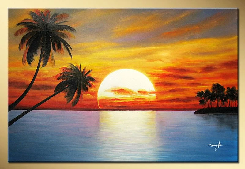 œuvres D Art Peint A La Main Le Soleil Levant Cocotiers Decoratif Paysage Peinture A L Huile Sur Toile 16 16 Pouce Encadree Aliexpress