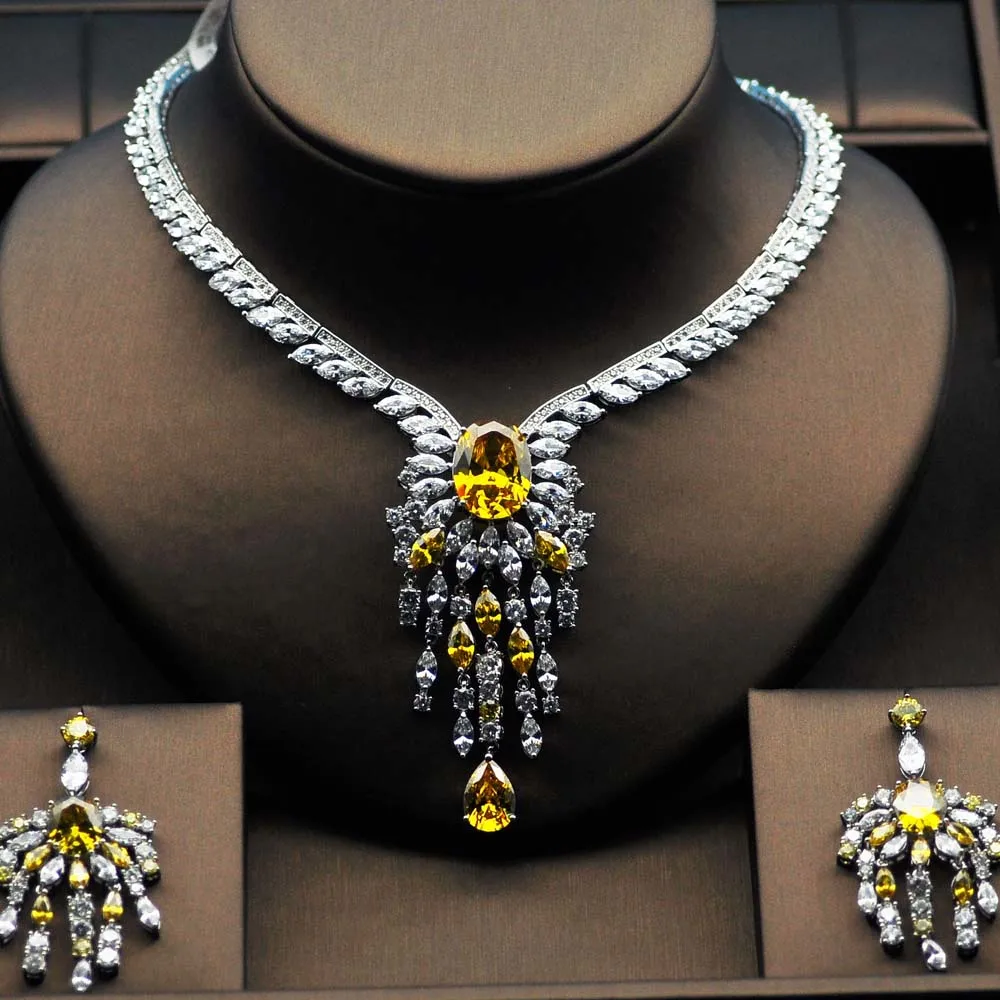 Hiневесты Высокое качество большой цветок Форма для женщин свадебный ювелирный набор желтое ожерелье со стразами в комплекте для женщин Подарки N-279