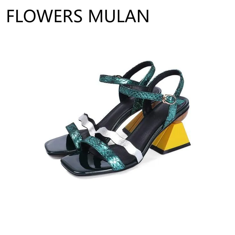 

Mixed Color Two Buckle Women Sandals Peep Toe Front Rear Strap Gladiators Strange Building Blocks Heel Summer Brand Ladies Shoes