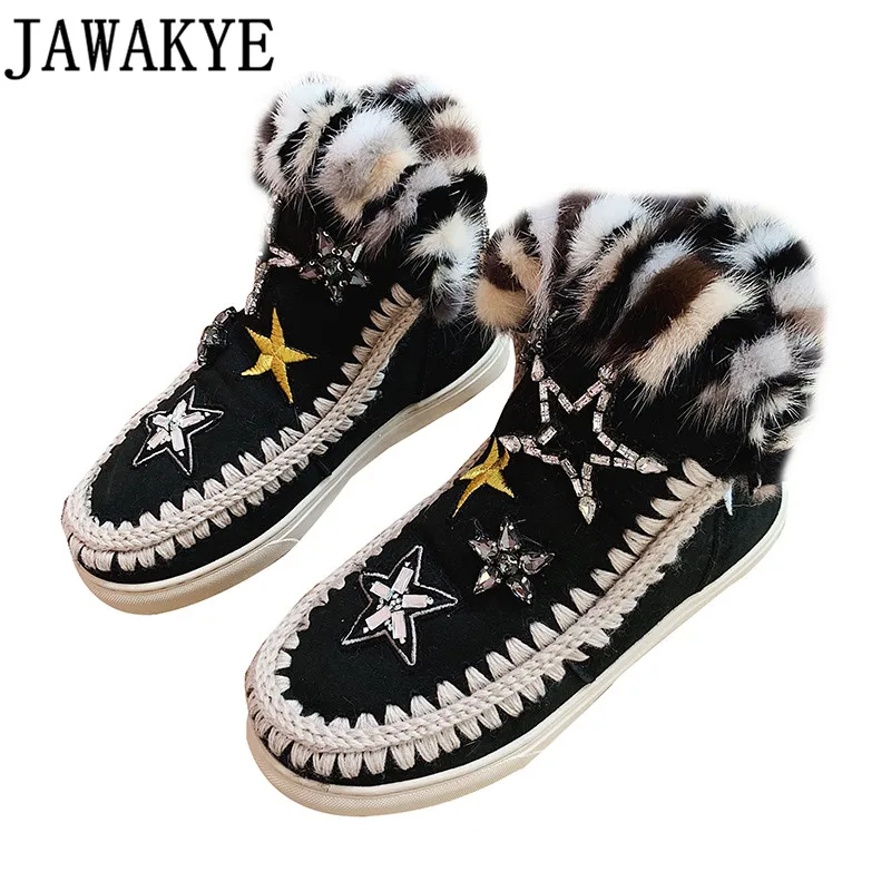

Kid suede Ankle Boots for women platform flat heel thick bottom casual short boots crystal five star winter wool snow boots