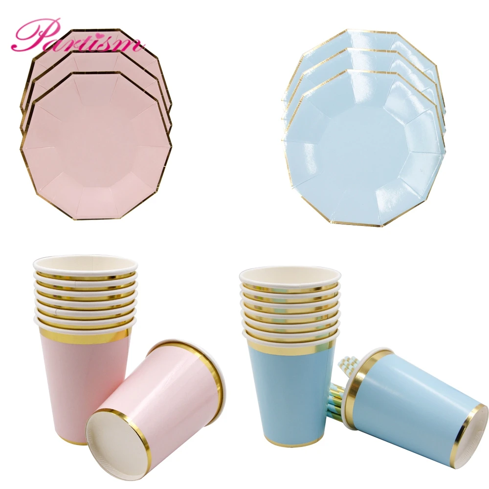 

1Set Pink/Blue Paper Cup/Plate/Straws Golden Edge Disposable Tableware Set Table Decoration Baby Shower Birthday Party Supplies