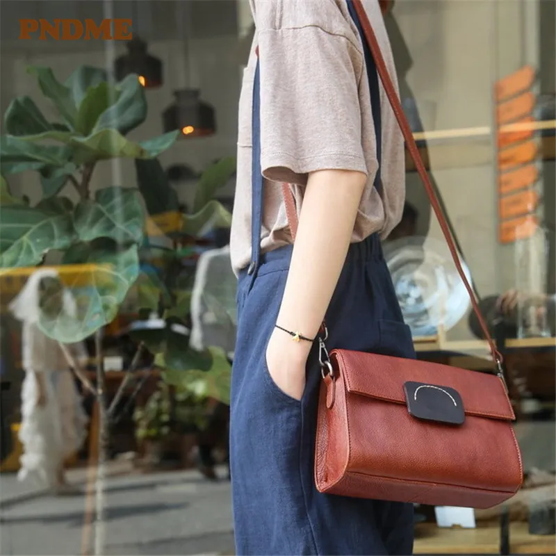 

PNDME summer leather single shoulder messenger bags for women handmade vintage casual simple first layer cowhide female bags