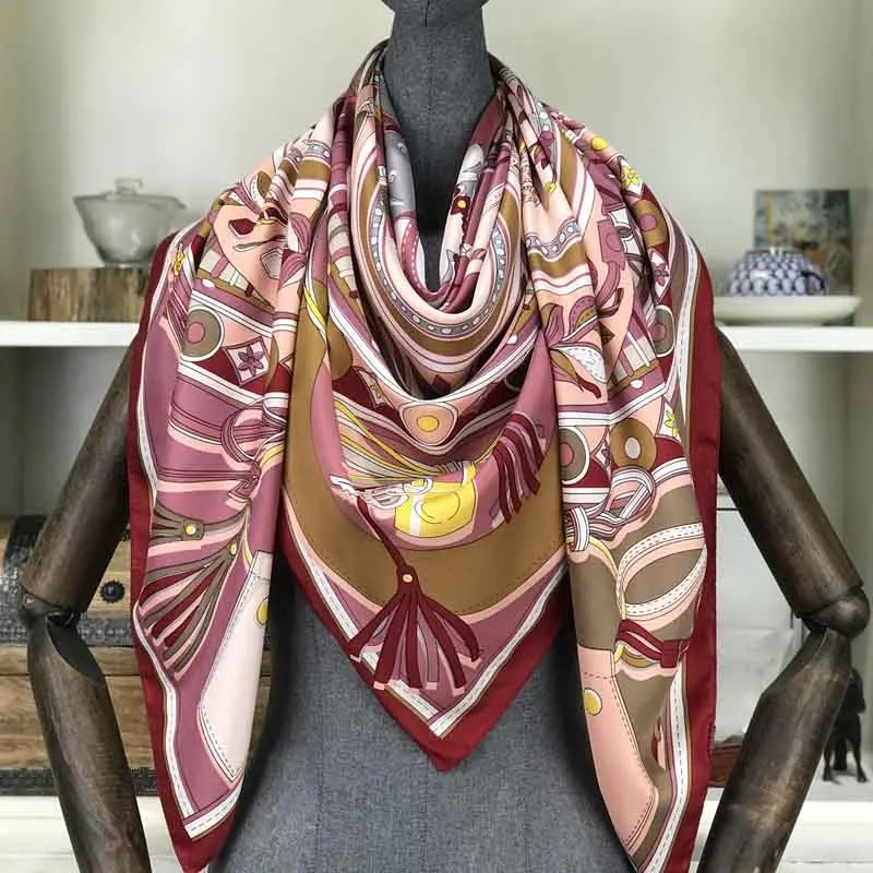 Саржевый шелковый шарф, Женская шаль в клетку с принтом, Echarpe Fourlard Femme, квадратные женские шарфы, банданы Bufandas Mujer 130*130 см - Цвет: 2