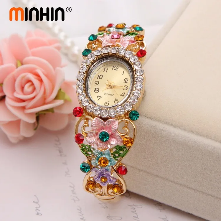Бренд MINHIN, роскошные женские часы-браслет с цветком из кристаллов, прекрасный подарок для женщин, кварцевые часы, позолоченные наручные часы