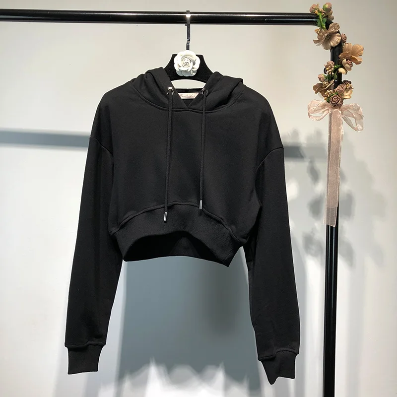 

2018 New Fashion Sweatshirt Crop Top Hoodies Women High Street Style Solid Color Hooded Pullovers Sweatshirts Moletom Feminino