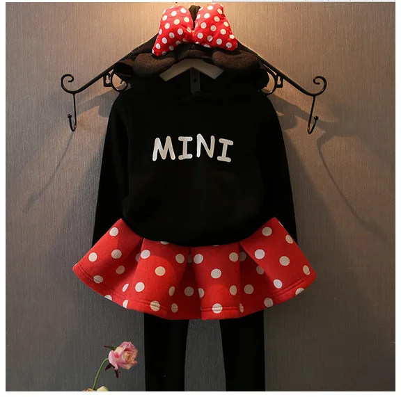

nova 2015 autumn winter big bow mini hooded+polka dot skirts pant 2pcs cartoon mouse style girl clothing set for 2~7 age kids