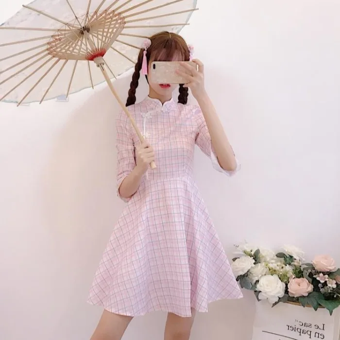 Летнее приталенное клетчатое платье в Корейском стиле Mori Girl с высокой талией и
