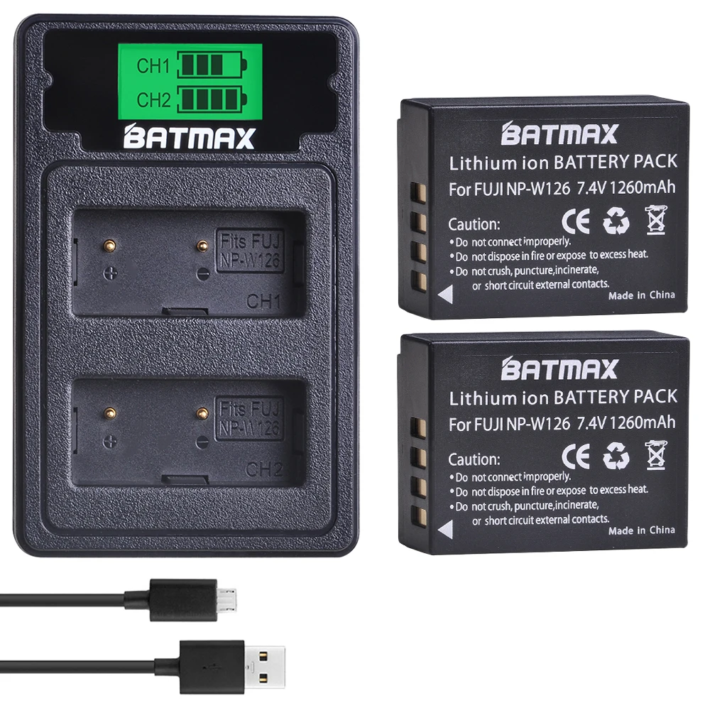 

2PCS NP-W126 Battery+LCD Dual USB Charger&Type C Port for Fujifilm FinePix HS30EXR HS33EXR X-Pro1 X-E1 X-E2 X-M1 X-A1 X-A2 X-T1