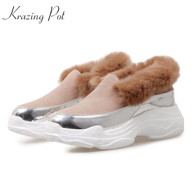 

Krazing Pot cow suede brand shoes slip on rabbit fur keep warm round toe sneaker wedges fairy girl platform vulcanized shoes L02