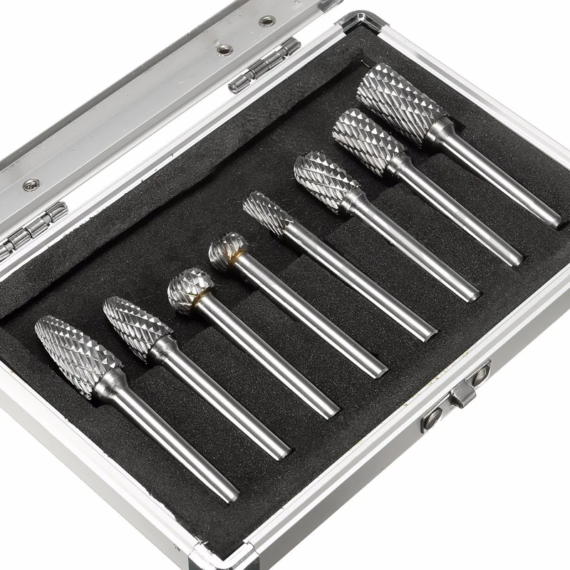 8PCS x 1/4'' Shank Double Cut Carbide Burr Die Grinding Rotary Bit Set W/Case