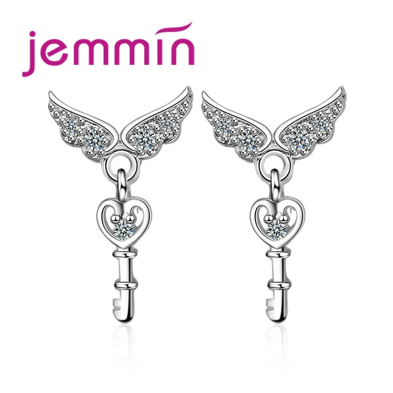 Classical Hot Sale Special Key Wing Design Exquisite CZ Crystal 925 Sterling Silver Stud Earring Surprise Gifts For Girls